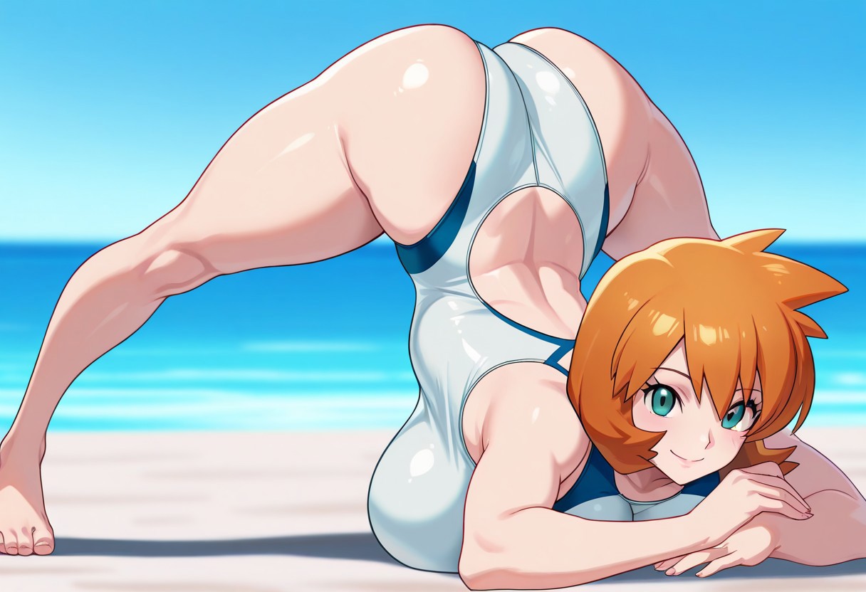 ai generated, all fours, aqua eyes, arched back, arm rest, ass, bangs, bare legs, bare shoulders, barefoot, beach, blush, breasts, cleavage, closed mouth, clothing, competition swimsuit, curvaceous, day, feet, female, female only, flexible, green eyes, hands on ground, huge ass, huge breasts, jack-o' pose, kasumi (pokemon), large ass, large breasts, legs, looking at viewer, lying, misty (pokemon hgss), ocean, on stomach, one-piece swimsuit, orange hair, outdoors, pokemon, sand, shiny skin, short hair, smile, solo, spread legs, stretch, swimsuit, tank suit, thick thighs, thighs, toes, top-down bottom-up, water, white one-piece swimsuit, white swimsuit, wide hips, wide spread legs