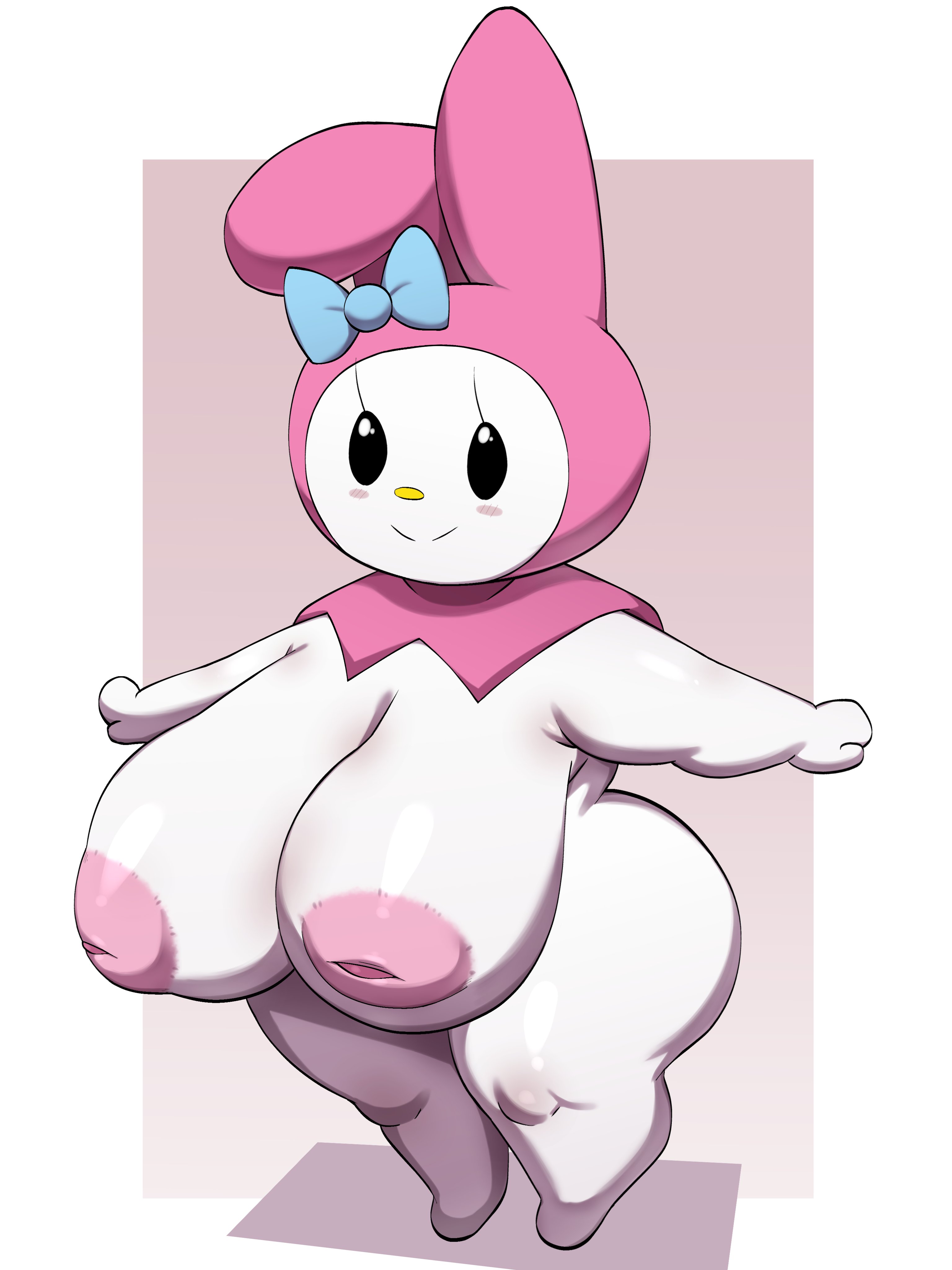 absurd res, anthro, border, eyelashes, female, full-length portrait, glistening, glistening body, glistening eyes, happy, hi res, lagomorph, leporid, mammal, my melody, nipples, onegai my melody, pink background, pink hood, portrait, rabbit, ribbons, ryukinoodle, sanrio, shadow, simple background, smile, solo, standing, white body, white border