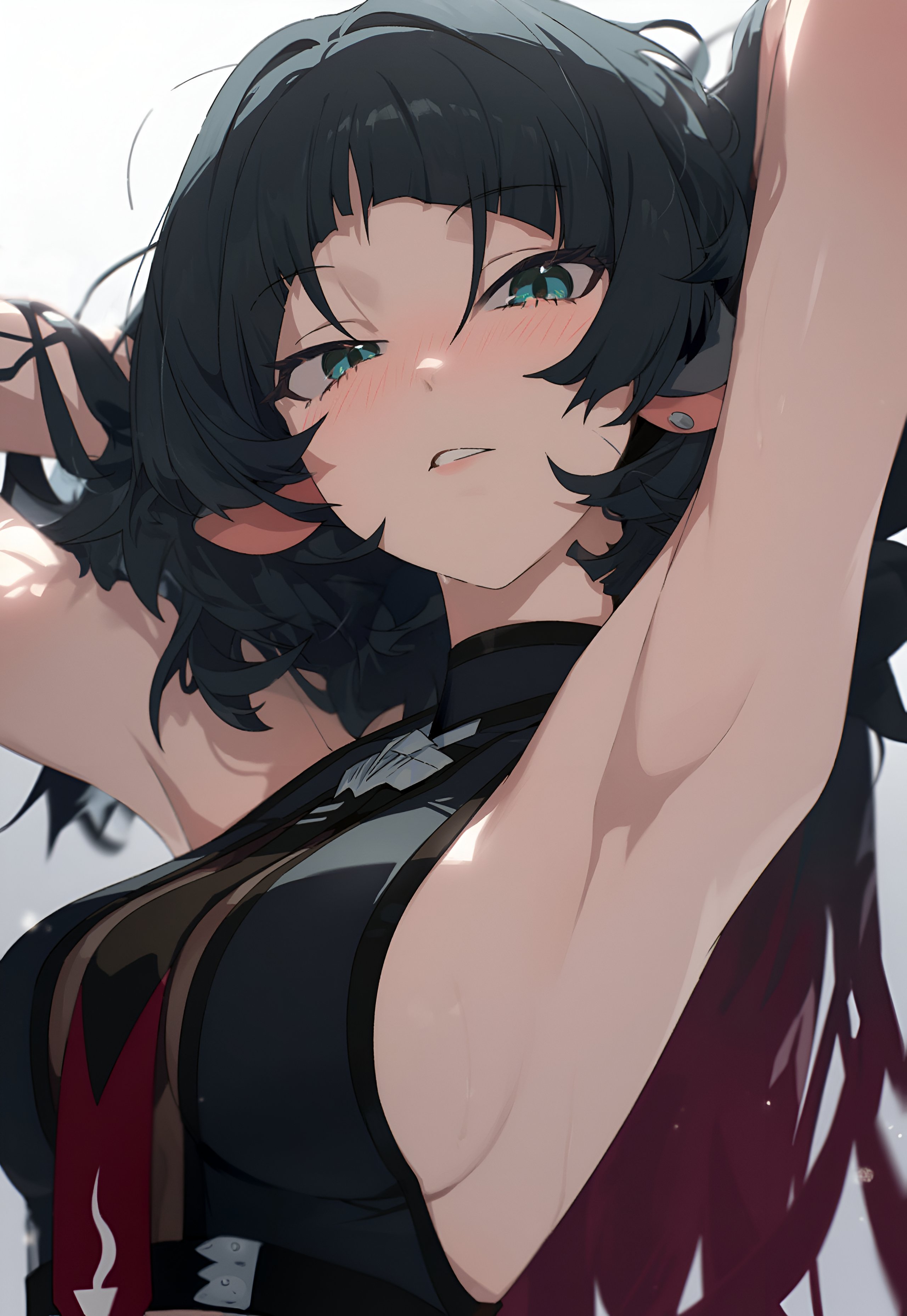 1girls, animal ears, armpits, arms up, clothed, female, female only, hare zzv, jane doe (zenless zone zero), looking at viewer, only female, rat girl, white background, zenless zone zero