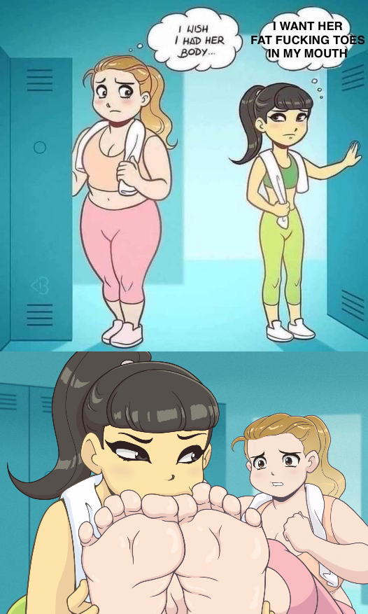 2girls 2women after_exercise asian_female assertive_female barefoot bbw black_hair blogicomics blonde_hair chubby_female dialogue dialogue_bubble edit feet feet_together female female_focus females_only foot_fetish foot_focus foot_worship footwear_removed girl_on_girl gym_uniform horny_female i_wish_i_had_her_body_(meme) meaty_soles meme meme_reference murati2882 shoes_removed shy_female soles soles_fetish sucking_toes surprised_expression sweaty_feet toe_suck toe_sucking toes towel towel_around_neck wholesome yuri