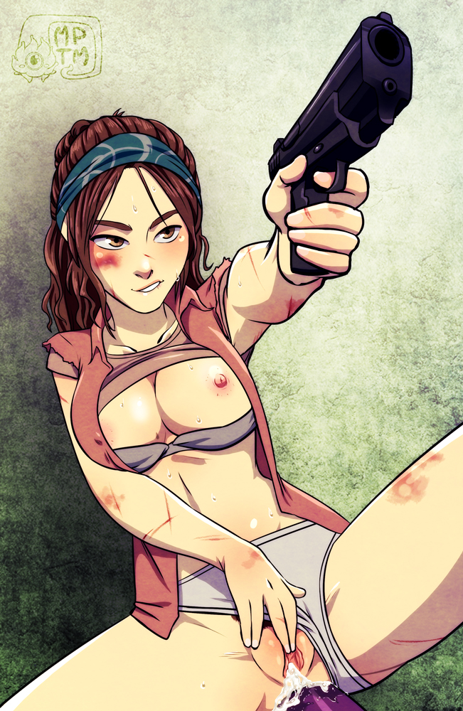 anal insertion, breasts, cum, cum in pussy, female, firearm, grey panties, gun, handgun, human, my pet tentacle monster, nipples, panties, panties aside, pussy, sitting, tess (the last of us), the last of us, weapon