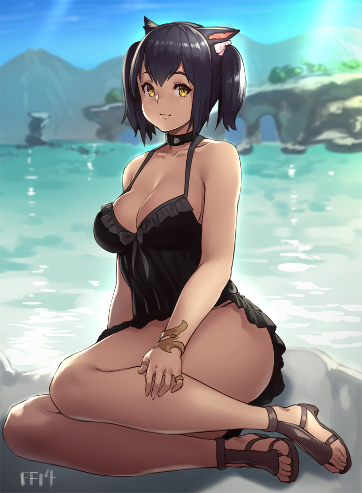 animal ears, black hair, cleavage, dress, female, final fantasy, final fantasy xiv, houtengeki, outdoors, sitting, solo, yellow eyes