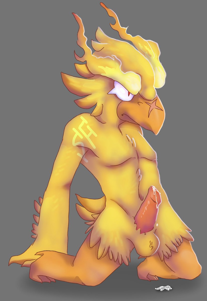avian avian_humanoid balls beak brawl_stars cock crow crow_(brawl_stars) cum cum_on_floor kneeling leaking_cum medium_penis penis phoenix_crow pink_penis solo solo_male yellow_body yellow_feathers yellow_fur