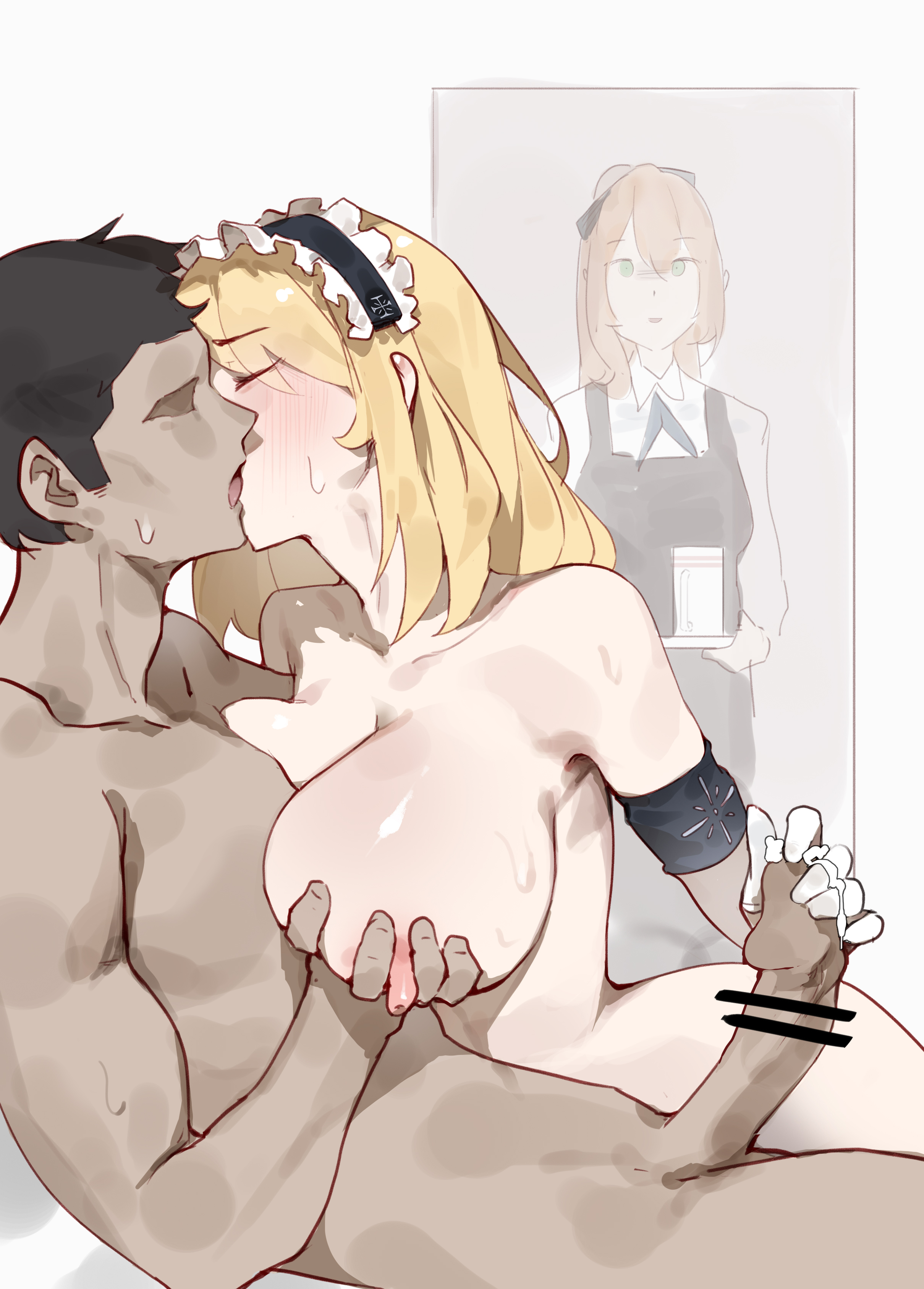 1boy, 1girls, armband, big breasts, blonde hair, blush, breasts, caught, censor bar, censored, centaureissi (girls' frontline 2), closed eyes, cum, cum on hand, dark-skinned male, female, g36 (girls' frontline), girls' frontline, girls' frontline 2: exilium, gloved handjob, gloves, grabbing another's breast, handjob, kissing, large breasts, light-skinned female, maid, maid headdress, male, naked, nipples, oritec, penis, springfield (cafe) (girls' frontline), springfield (girls' frontline 2), springfield (girls' frontline), sweat