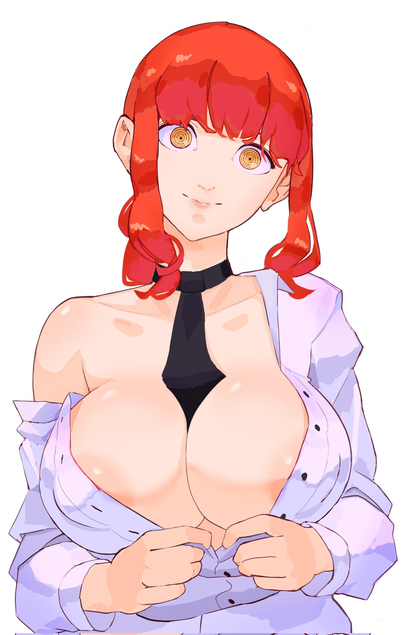 1girls, 2022, 2d, areola slip, areolae, big breasts, blank expression, blank eyes, blank stare, breasts, chainsaw man, cleavage, clothing, color, female, female only, head tilt, huge breasts, large breasts, light skin, light-skinned female, looking at viewer, makima (chainsaw man), necktie, necktie between breasts, nipple bulge, nipples, open clothes, open shirt, oppaiartstudio, red hair, simple background, smile, solo, solo female, unbuttoned, unbuttoned shirt, undressing, unusual anatomy, unusual eyes, unusual pupils, white background