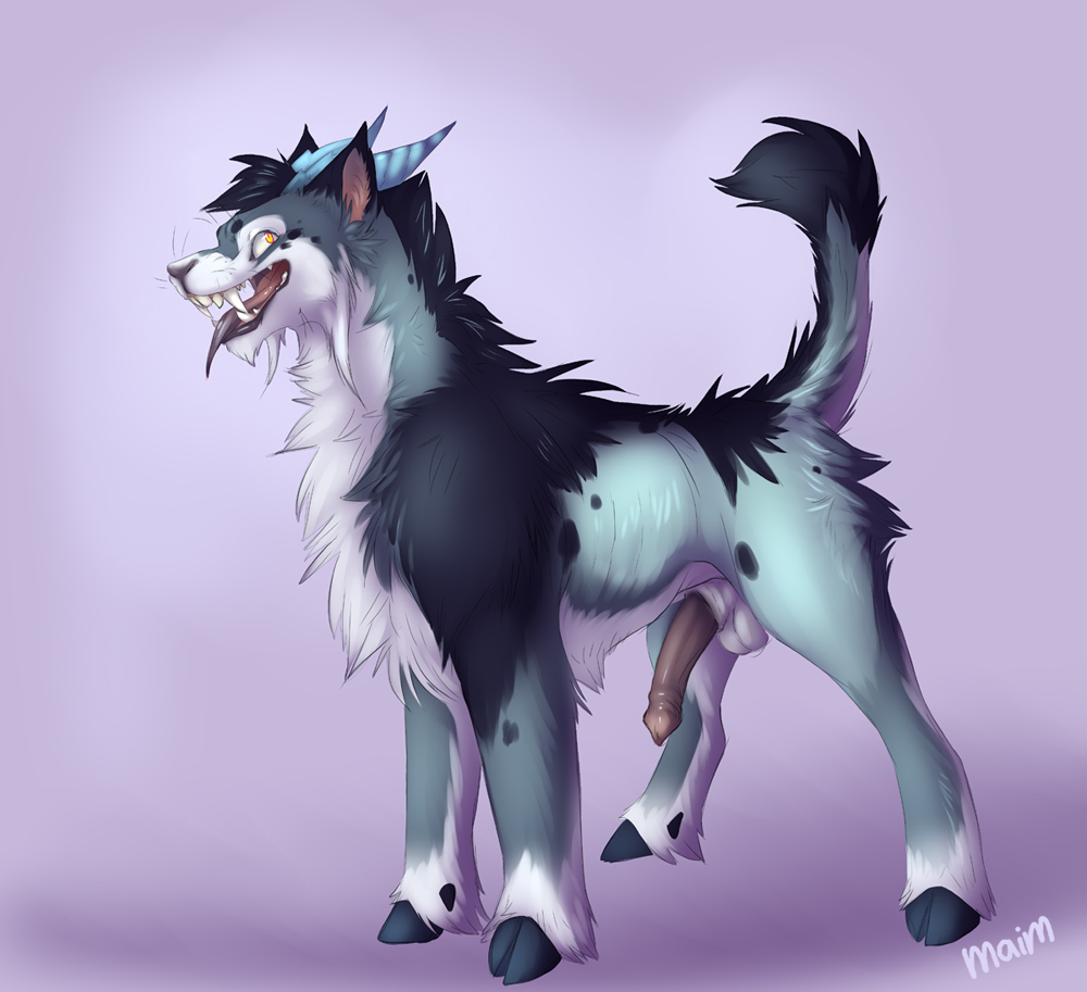 1boy animal_genitalia balls erection fangs feral fur furry furry_only hooves horn maim male male_only monster open_mouth penis solo teeth tongue tongue_out
