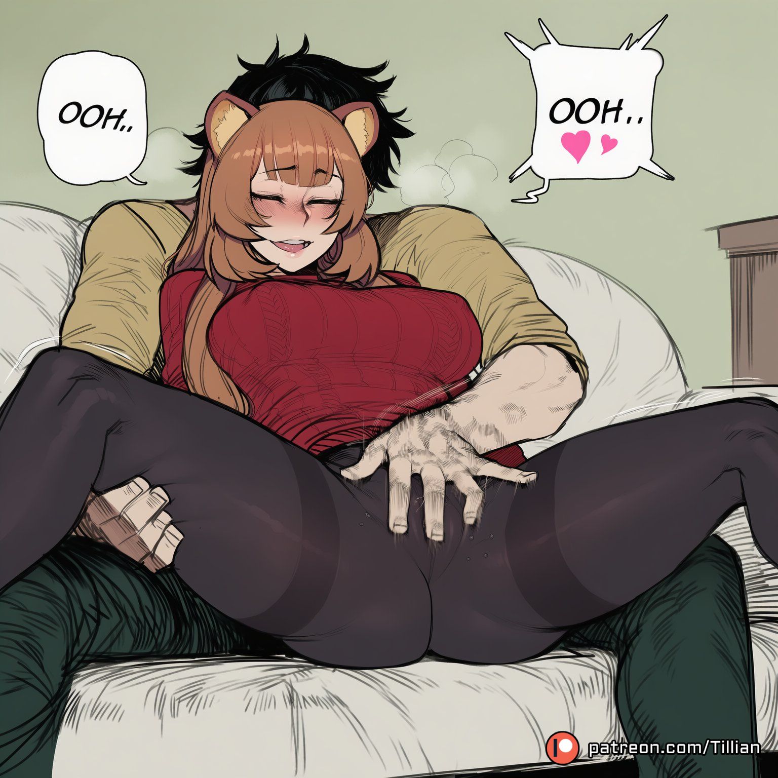 1boy, ai generated, animal ears, black hair, blush, breasts, brown hair, closed eyes, english text, female, fingering, fingering through clothes, heart, heavy breathing, iwatani naofumi, large breasts, long hair, male, open mouth, pants, pantyhose, patreon logo, patreon username, raccoon ears, raccoon girl, raccoon tail, raphtalia, red sweater, ribbed sweater, short hair, sitting, sitting on lap, smile, speech bubble, spread legs, straight, sweater, tate no yuusha no nariagari, thighband pantyhose, through clothes, tillian