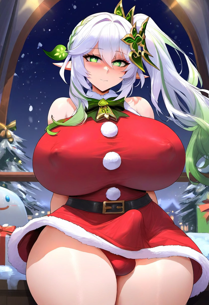 1futa, ai generated, alternate breast size, bangs, bare shoulders, belt, blush, breasts, bulge, bulge through clothing, covered nipples, dress, erection under clothes, eyebrows visible through hair, futa only, futanari, genshin impact, green eyes, hair ornament, huge breasts, intersex, light-skinned futa, long hair, looking at viewer, nahida (genshin impact), panties, penis, pointy ears, racerai, sky, solo, thick thighs, thighs, underwear