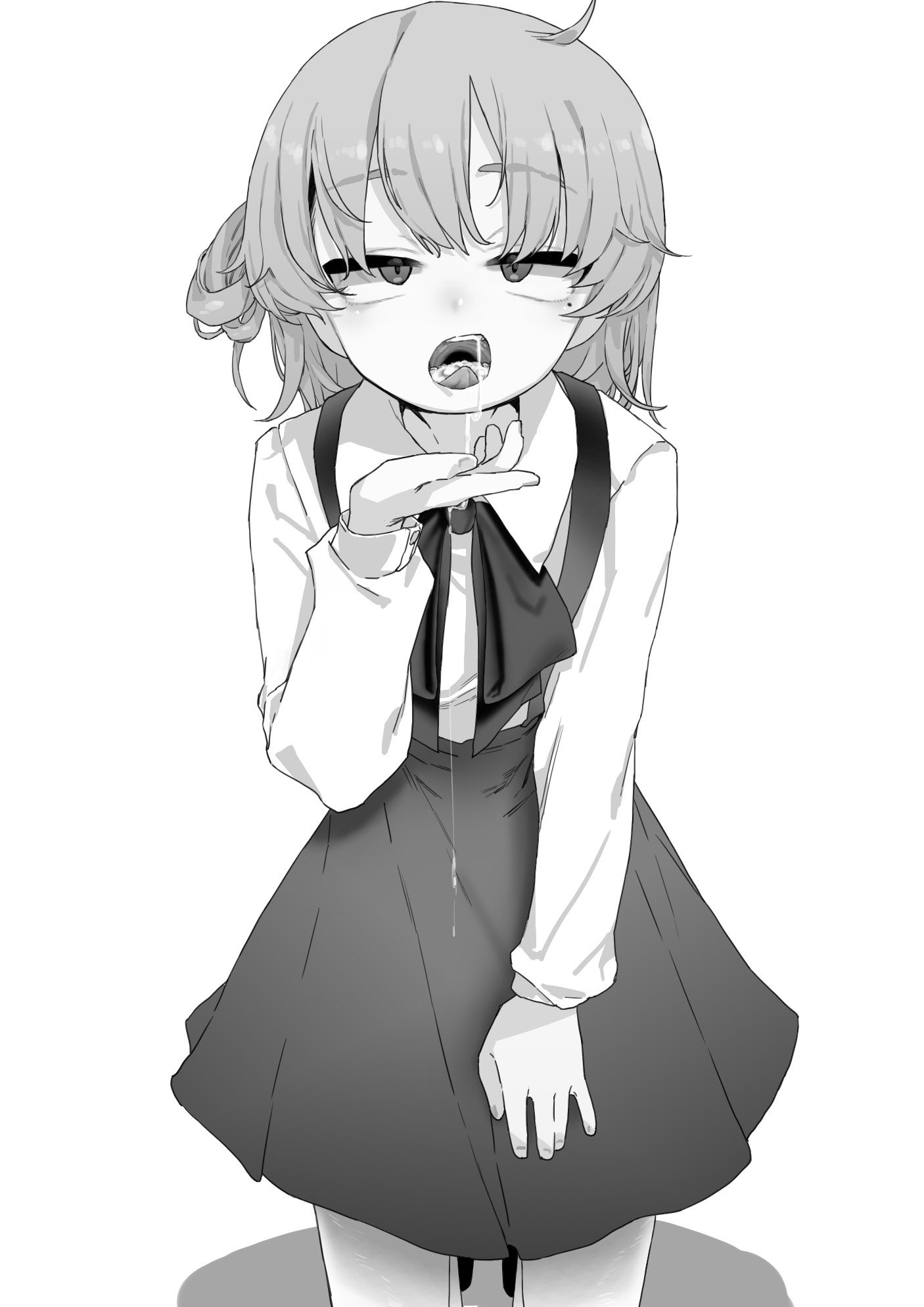 cum, cum in mouth, cumdrip, female, flat chest, greyscale, hair rings, hatoba tsugu, highres, kneeling, looking at viewer, monochrome, mukago (mukagomumumu), open mouth, short hair, single hair ring, skirt, solo, suspender skirt, suspenders, tongue, tsugu (vtuber), virtual youtuber