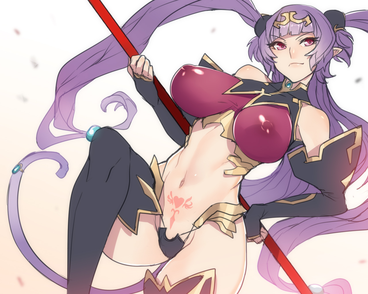 armor, ban, breasts, female, large breasts, navel, nipples, nipples visible through clothing, panties, pink eyes, pointy ears, purple hair, solo, tattoo, thighhighs, tied hair, twintails