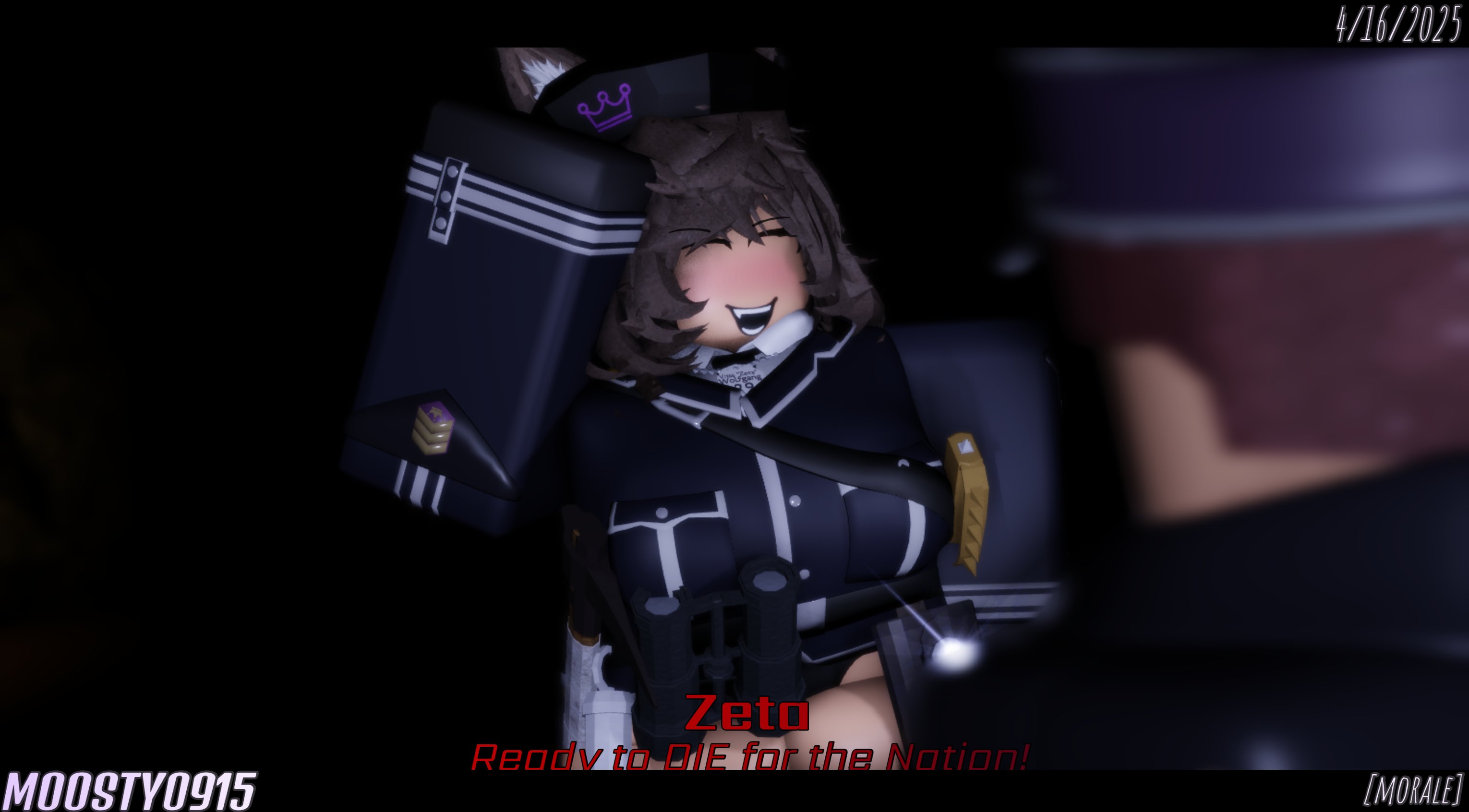 1boy, 1girls, 2025, 3d, belt, beret, big breasts, binoculars, black belt, black beret, black clothing, black coat, black gloves, black hat, black panties, black sleeves, blush, breasts, brown hair, cat ears, cat girl, closed eyes, clothed, clothed female, clothed male, clothing, coat, dated, dialogue, discord tag, english text, eyebrows, female, female focus, gloves, grave/digger, half-dressed, hat, kemonomimi, komthekat1, lantern, letterbox, letterboxed, light blush, light skin, light-skinned female, light-skinned male, long sleeves, male, military, military uniform, moosty, no pants, officer, officer (grave/digger), officer uniform, pale skin, pale-skinned female, pale-skinned male, panties, pickaxe, roblox, roblox game, robloxian, royal nation (grave/digger), salute, saluting, short hair, sleeves, smile, standing, text, thick thighs, thighs, whistle, zeta (popsiclethekat)
