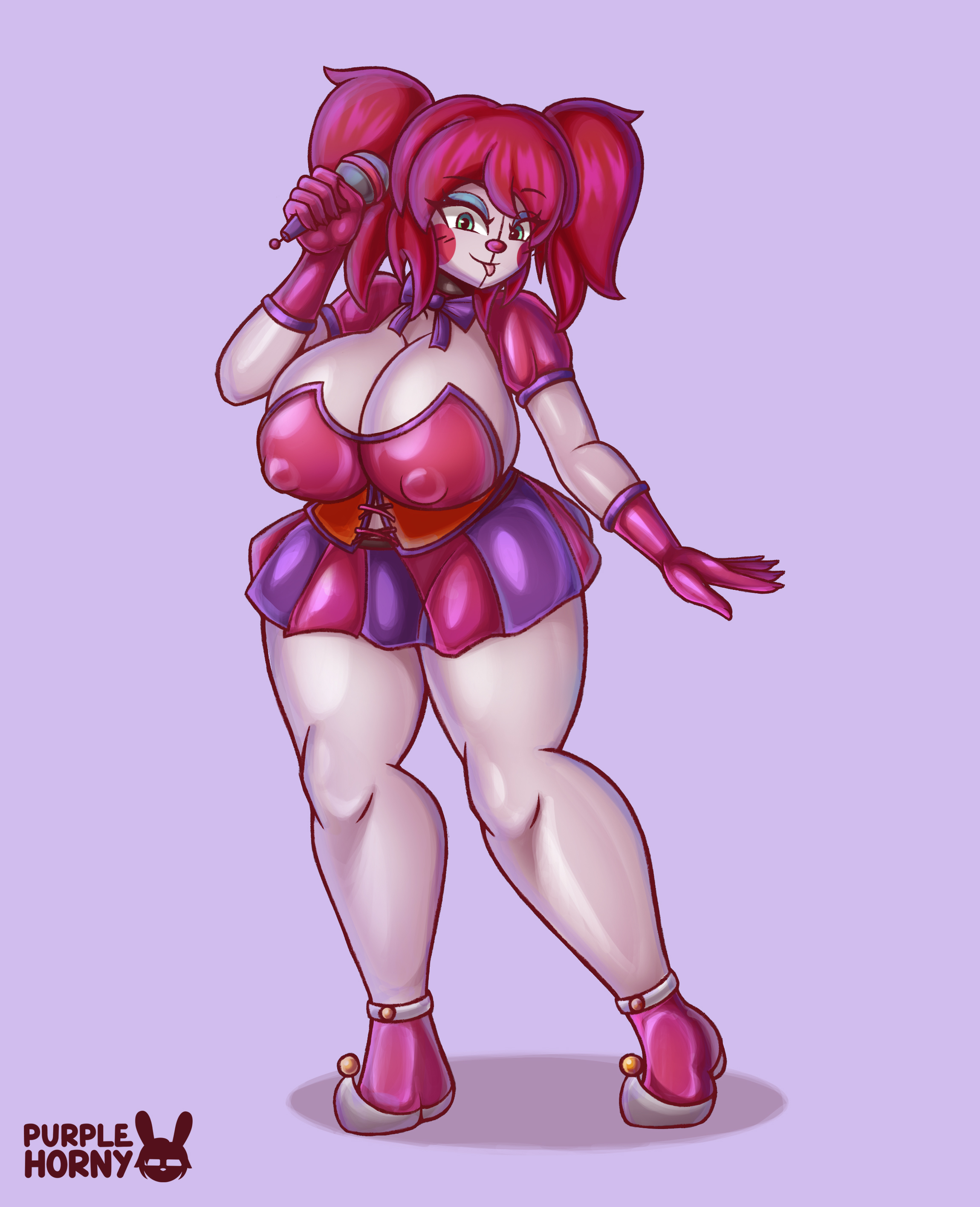 1girls, baby (fnafsl), big breasts, bowtie, breasts, circus baby, circus baby (fnaf), circus baby (fnia), clown, clown girl, clown nose, clown shoes, erect nipples, female, five nights at freddy's, five nights at freddy's: sister location, five nights in anime, fnia, gloves, hair, legs, microphone, nipples, purple bowtie, purplehorny, red cheeks, red gloves, red hair, red-haired female, robot, robot girl, shoes, solo, solo female, tagme, thighs