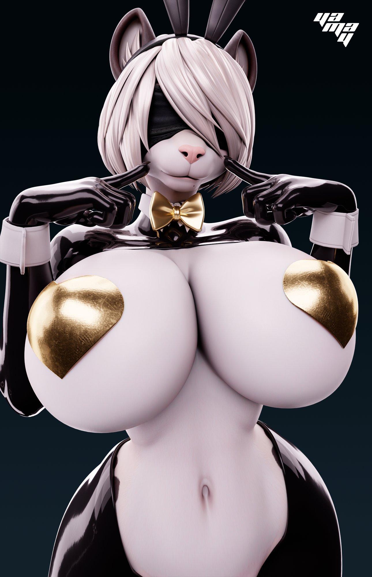 3d, anthro, big breasts, blindfold, bow tie, breasts, cuff links, digital media (artwork), fake ears, fake rabbit ears, felid, female, fur, hair, hi res, huge breasts, looking at viewer, mammal, mayosplash (modeler), navel, nier (series), nier: automata, pantherine, pasties, platinumgames, snow leopard, solo, thick thighs, white body, white fur, white hair, wide hips, yamayza, yorha 2b, yorha 2b (mayosplash)