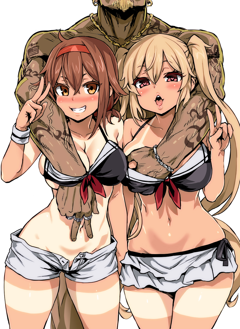 2girls asanagi breast_grab breasts character_request female front_view groping human kantai_collection male multiple_females shorts standing tanline