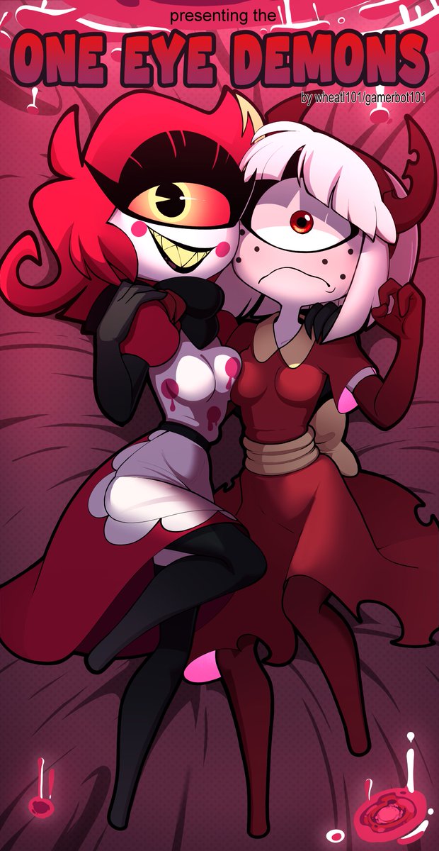 1 eye, 1girls, blush, breasts, cyclops, female, female/female, hazbin hotel, horns, long gloves, navel, niffty, original, original character, saliva, short hair, small breasts, susie (wheatly101), thighhighs, wheatly101, white hair