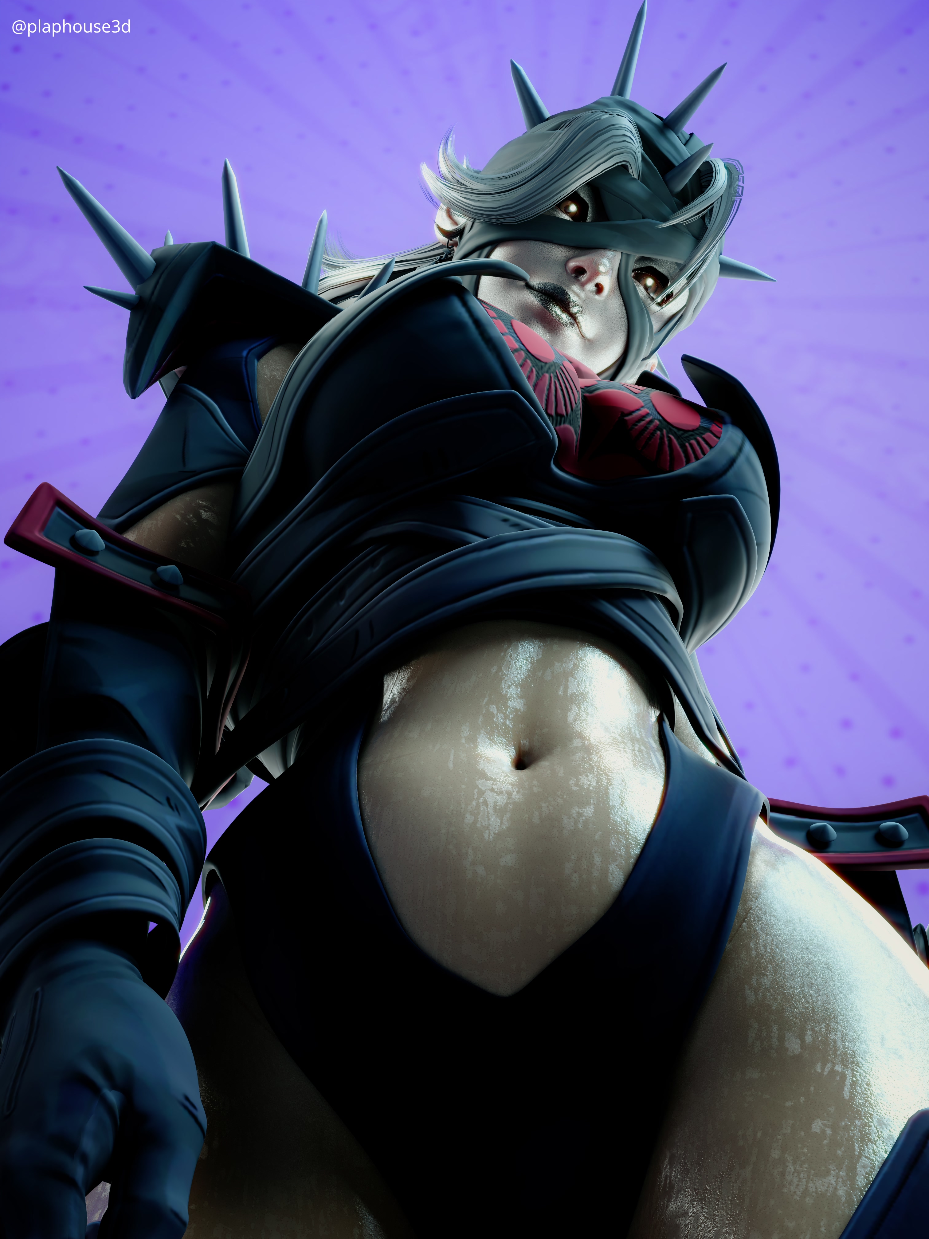 3d, blender, exposed belly, female, female focus, invisible woman, invisible woman (marvel rivals), looking at viewer, looking down at viewer, malice (marvel rivals), malice (marvel), marvel, marvel rivals, plaphouse3d, skimpy clothes, solo female, stomach, sue storm, wet body, wet skin