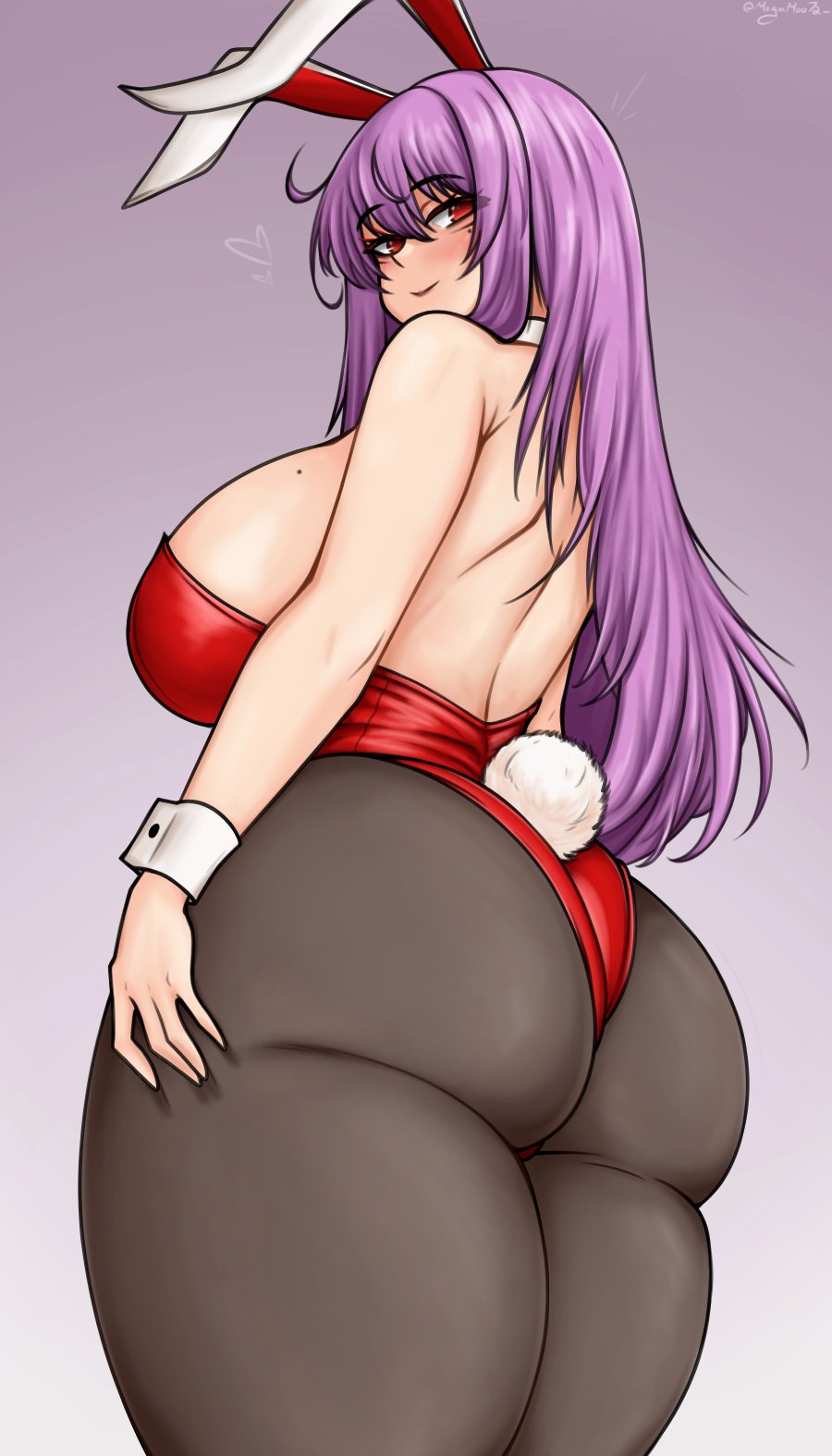 1girls, ass, back view, big breasts, breasts, bunny ears, bunny girl, bunnysuit, clothed female, fat thighs, female, huge breasts, light skin, light-skinned female, long hair, looking back, megamoo, mole, mole on breast, playboy bunny, purple hair, red eyes, reisen udongein inaba, solo, solo female, thick thighs, thighs, touhou