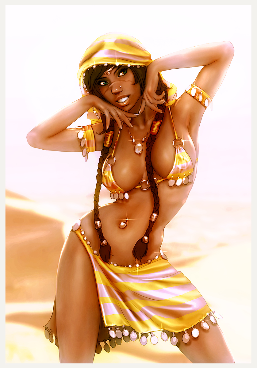 1girls blue_eyes braid brown_hair circlet cleavage dark-skinned_female facial_scar female female_only harem_outfit hood navel navel_piercing necklace oriental scar solo standing tied_hair yuni