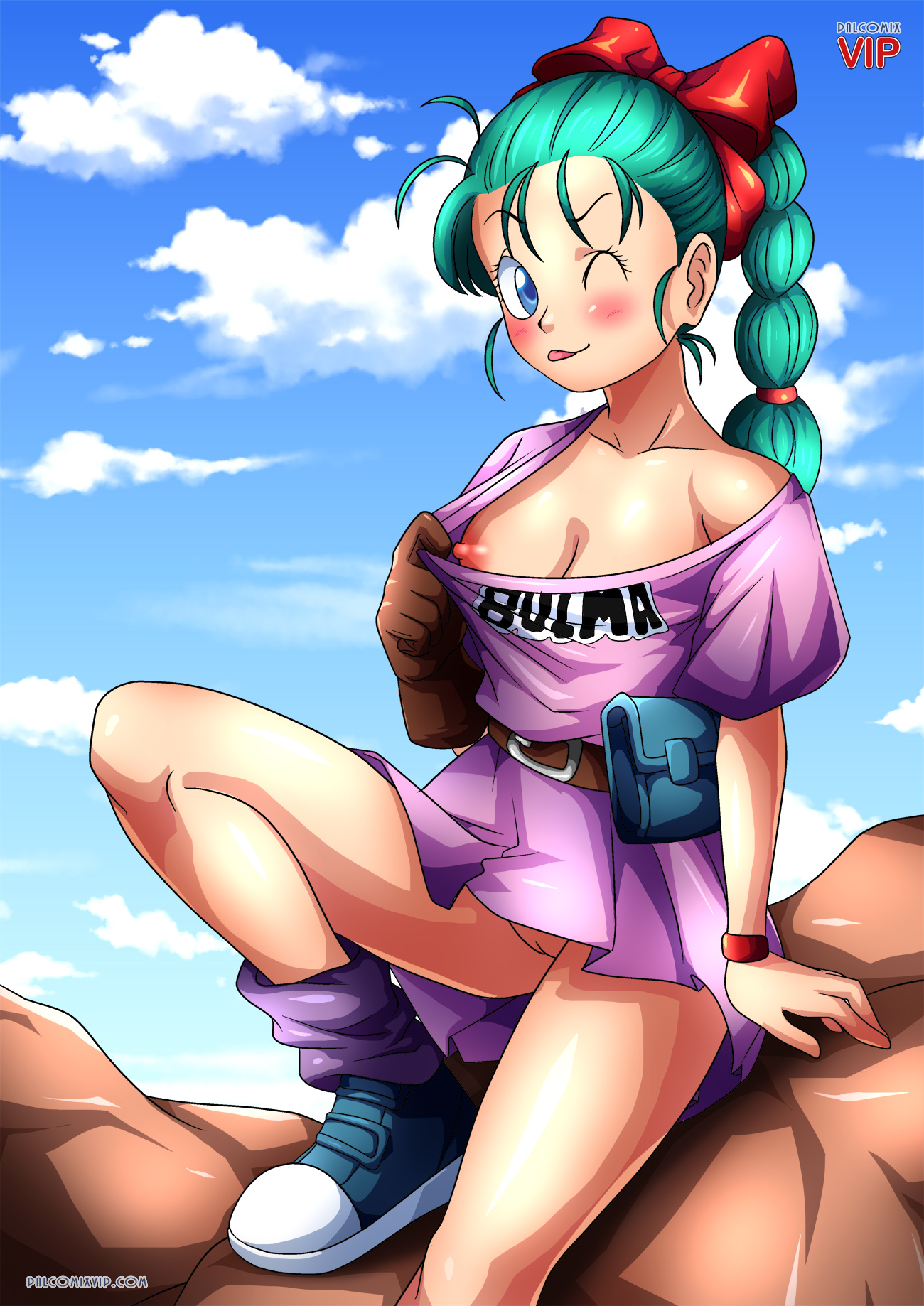 1girls, areola, bbmbbf, blush, breasts, bulma briefs, cleavage, dragon ball, female, licking lips, nipples, palcomixvip.com, pussy, teenager, wink