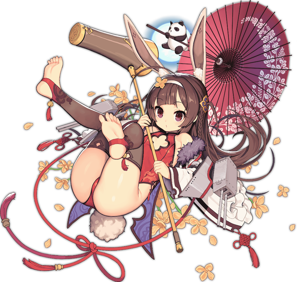 animal_ears ass azur_lane bare_shoulders breasts brown_hair brown_thighhighs cannon cg chinese_clothes cleavage_cutout clothing_cutout dragon_empery female flower full_body fur_trim game hair_ornament hairband holding jacket kine leotard long_hair long_sleeves looking_at_viewer machinery mallet official_alternate_costume official_art oil-paper_umbrella panda ping_hai_(azur_lane) ping_hai_(osmanthus_moon_rabbit)_(azur_lane) rabbit_ears rabbit_tail red_eyes red_leotard simple_background small_breasts soles solo stirrup_legwear tail thighhighs toeless_legwear toes transparent_background turret umbrella white_background white_hairband