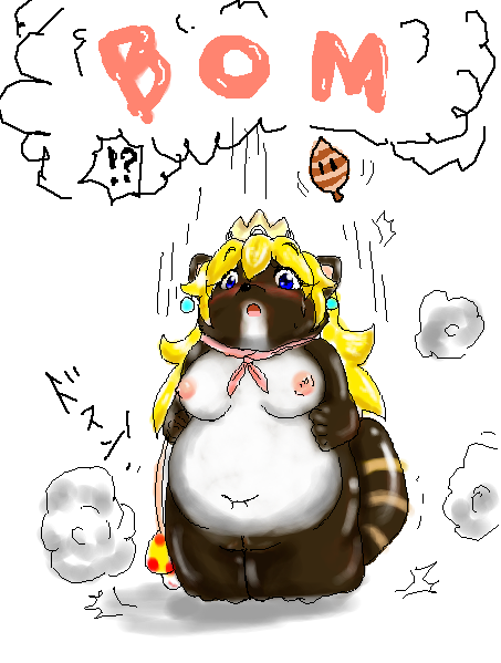 !? animalization blonde_hair blue_eyes blush breasts fat female gameplay_mechanics hasunalu mario_(series) nintendo nipples objectification open_mouth overweight princess_peach simple_background slightly_chubby smoke solo statue super_mario_3d_world tail tanooki_peach tanuki tiara transformation weight_gain white_background