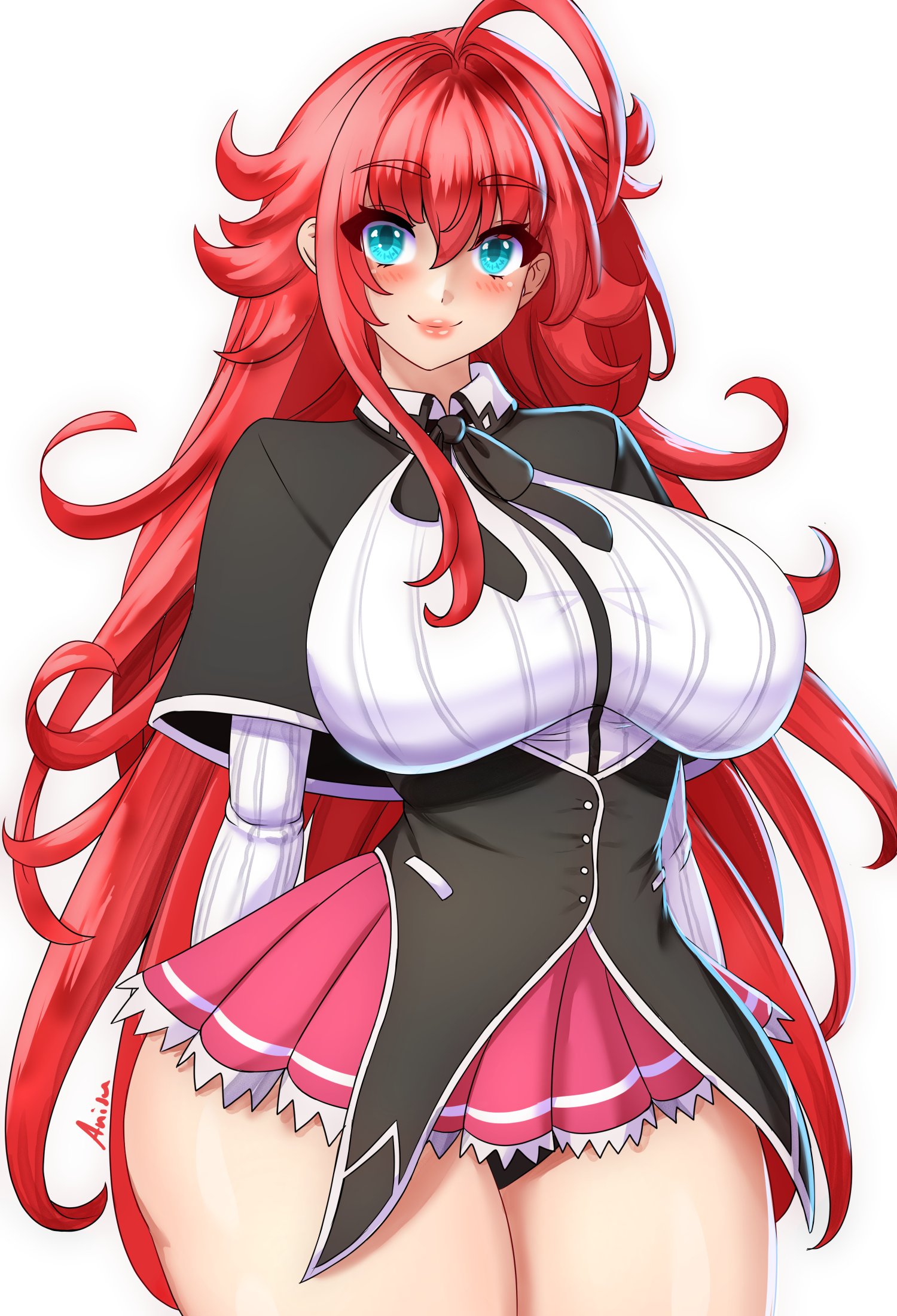 1girls, anisdrawn, breasts, female, female focus, female only, high school dxd, large breasts, light skin, light-skinned female, looking at viewer, panties, red hair, rias gremory, skirt, solo, thick thighs, thighs, white background, wide hips