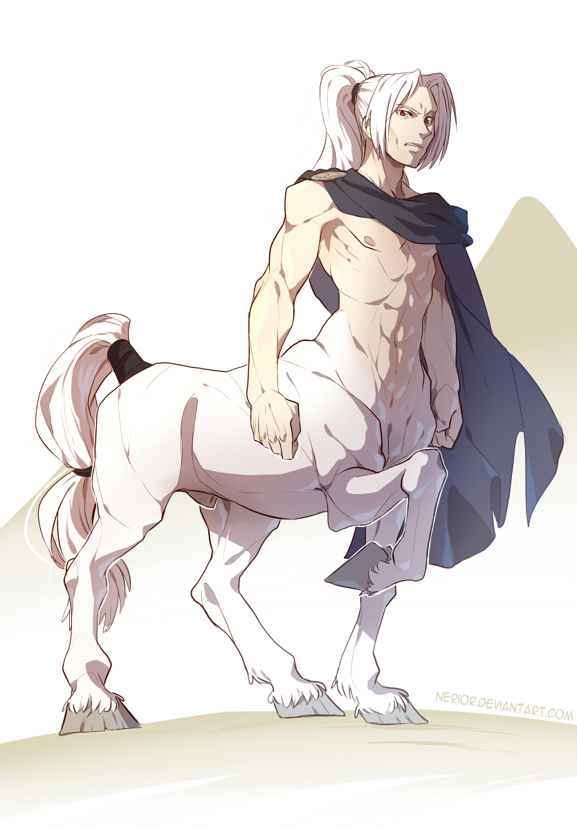 abs biceps centaur cloak clothing equine fully_sheathed hair hooves looking_at_viewer male male_only mammal muscles nerior nipples nude pecs scowl sheath solo taur toned