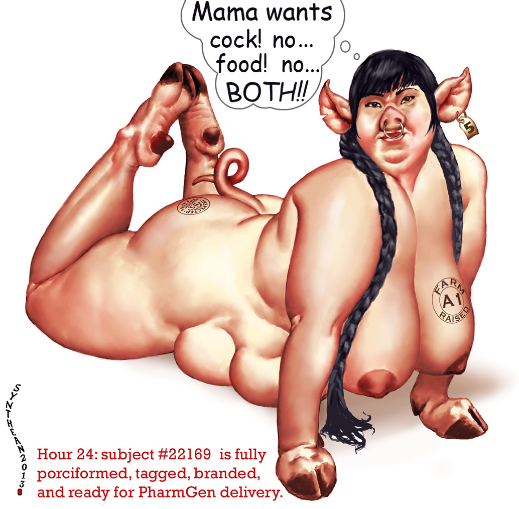 anthro big_breasts braided_hair branding_mark breasts chubby female hair hooves human hybrid looking_at_viewer mammal multi_breast pig porcine solo synthean text thought_bubble transformation