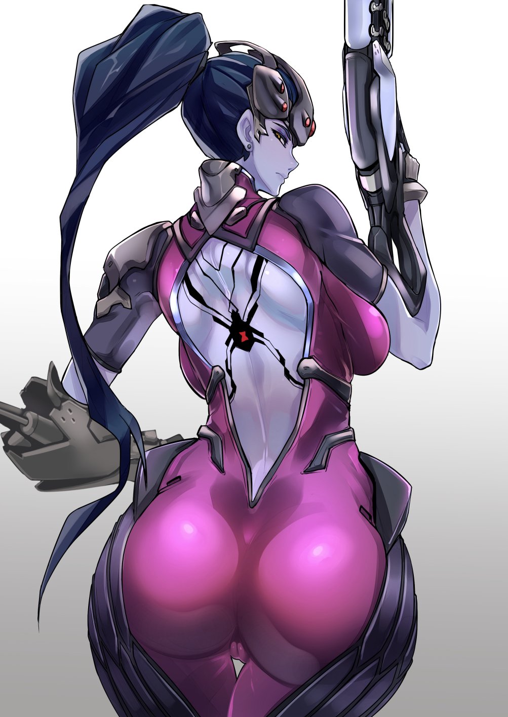1girls, 2d, ass, back, backboob, bare back, big ass, big butt, blizzard entertainment, blue hair, blue skin, bodysuit, breasts, bubble ass, bubble butt, fat ass, fat mons, female, female only, from behind, gradient, gradient background, grey background, gun, headgear, high ponytail, highres, huge ass, long hair, looking at viewer, looking back, nuezou, overwatch, ponytail, purple skin, rifle, skin tight, small waist, solo, thigh gap, thighs, tied hair, very long hair, weapon, wide hips, widowmaker