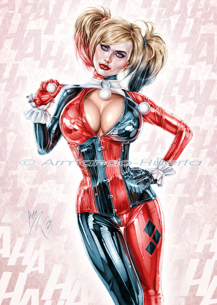 1girls, actress, armando huerta, batman (series), black hair, blonde hair, blue eyes, bodysuit, breasts, celebrity, cleavage, clown makeup, color, colored, covered nipples, dc, dc comics, dc extended universe, earrings, erect nipples, eyeliner, eyeshadow, female, female only, fully clothed, harley quinn, large breasts, latex, lipstick, long hair, makeup, margot robbie, multicolored hair, nipple bulge, nipples, red hair, red lipstick, solo, suicide squad, three-tone hair, tied hair, twintails, voluptuous, watermark