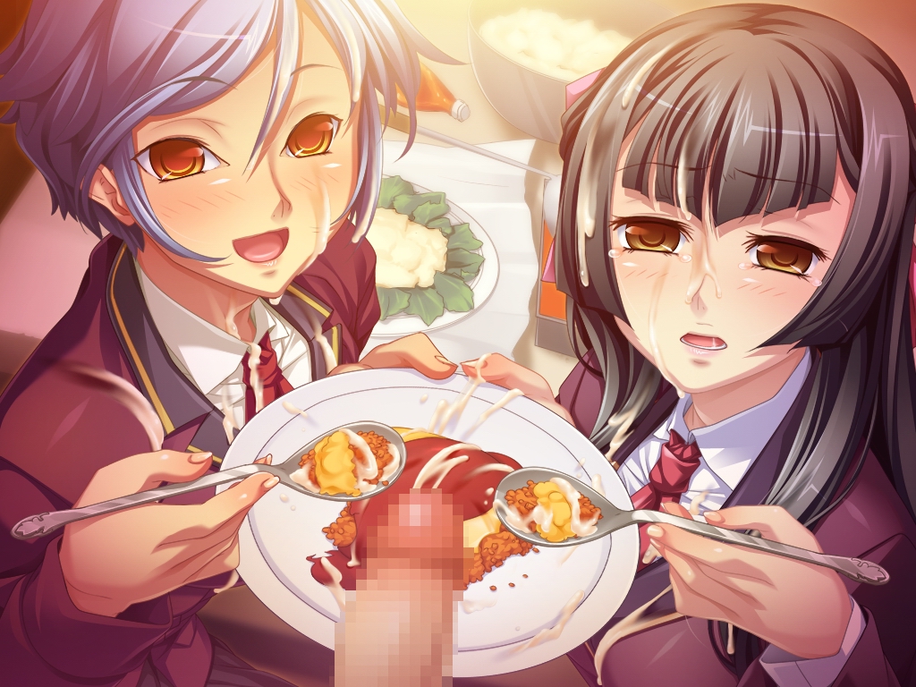 breasts, censored penis, cum, cum on clothes, cum on food, cum on hair, cum on upper body, female, food, gokkun, male, mosaic censoring, penis, smile, spoon