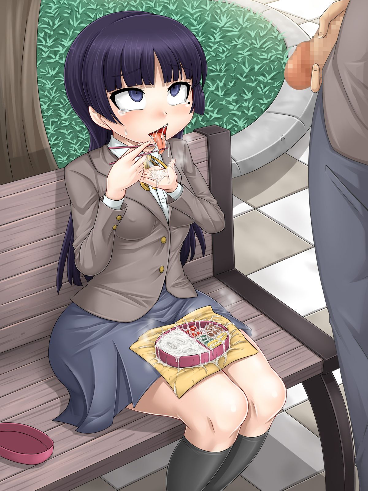 1boy, ahe gao, bench, bento, blue eyes, blush, breasts, censored, chopsticks, cum, cum in mouth, cum on food, female, food, fully clothed, gokkun, gokou ruri, long hair, male, mole, mole under eye, mosaic censoring, ore no imouto ga konna ni kawaii wake ga nai, outdoors, penis, public, skirt, solo focus, tears, tongue, tongue out