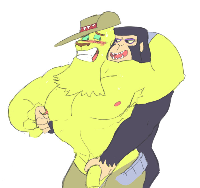 ape armpits beard blush dexter's_laboratory facial_hair green_eyes hat lupinrager male mammal muscular nipples penis penis_grab primate yaoi