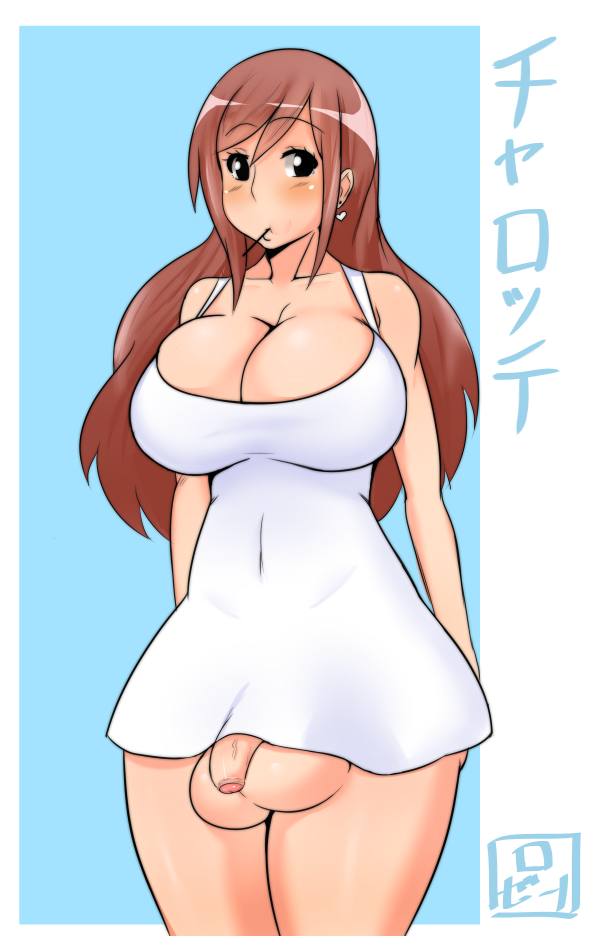 1futa, balls, balls bigger than penis, big balls small penis, blush, breasts, brown hair, charlotte (gaikiken), cleavage, dress, flaccid, foreskin, futa only, futanari, gaikiken, huge balls, intersex, large balls, large breasts, large testicles, long hair, oversized balls, penis, penis under dress, small penis, solo, solo futa, standing, testicles, uncircumcised