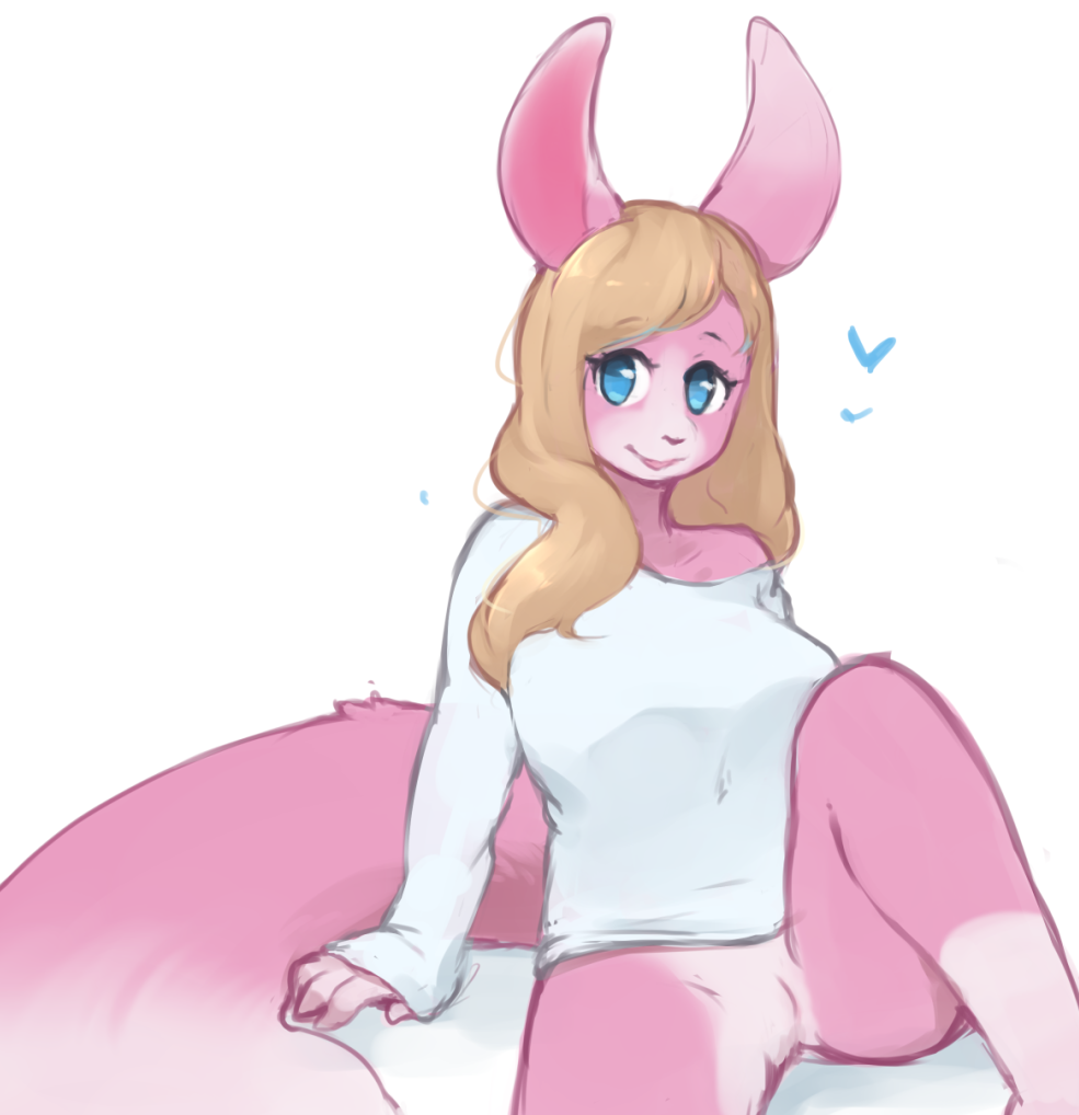 2015 arm_support big_tail blonde_hair blue_eyes bottomless cabbit clothed clothing feline feline female fur hair half-dressed hybrid lagomorph loliswitch mammal markings pink_fur pussy rabbit simple_background sitting socks_(marking) solo sweater w_(character) white_background