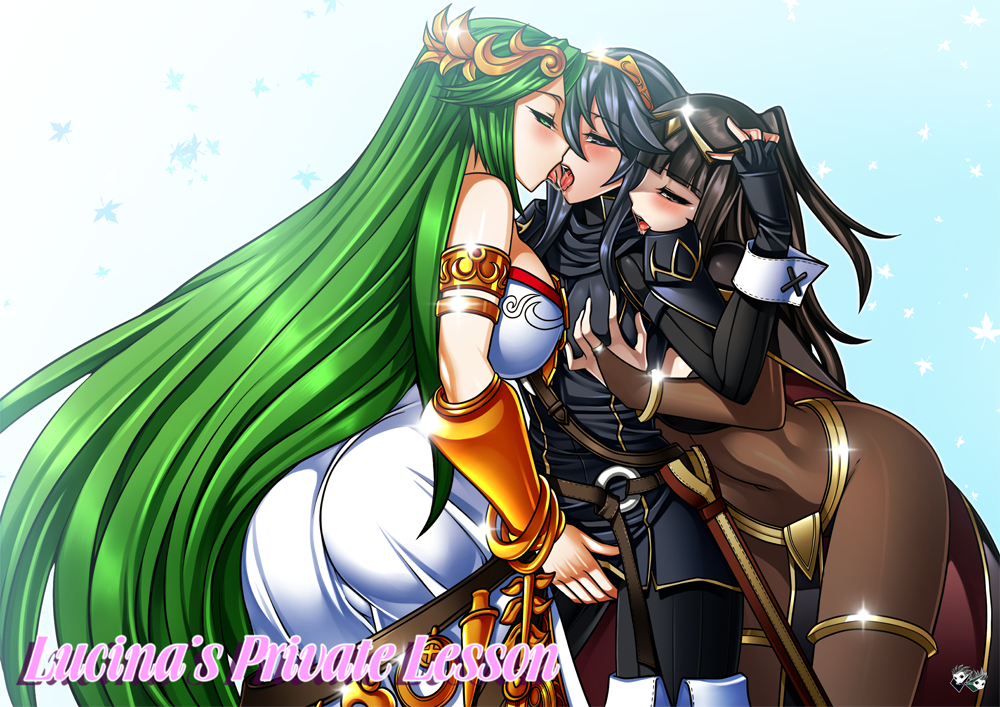 3girls, armlet, ass, bare shoulders, big ass, black eyes, black gloves, black hair, blue eyes, blue hair, blunt bangs, blush, bodystocking, bodysuit, bracelet, breast grab, breasts, bridal gauntlets, cape, crossover, female, female only, fingerless gloves, fire emblem, fire emblem awakening, gloves, goddess, gradient background, green eyes, green hair, human, jadenkaiba, jewelry, kid icarus, kid icarus uprising, licking, long hair, lucina (fire emblem), multiple females, multiple girls, palutena, saliva, saliva trail, sandwiched, tharja (fire emblem), tiara, tongue, two side up, very long hair, yuri