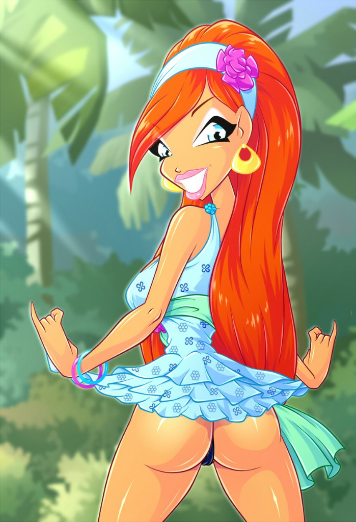 1girls, ass, big ass, bimbo, bloom (winx club), blue eyes, bracelet, breasts, bubble ass, bubble butt, cameltoe, dress, dress lift, earrings, eyeliner, eyeshadow, female, female only, flower, hair flower, hairband, hoop earrings, hourglass figure, lipstick, long hair, looking at viewer, looking back, makeup, orange hair, panties, pussy, rainbow (animation studio), red hair, skirt lift, smile, solo, teeth, thin waist, thong, very long hair, wasp waist, winx club, zfive