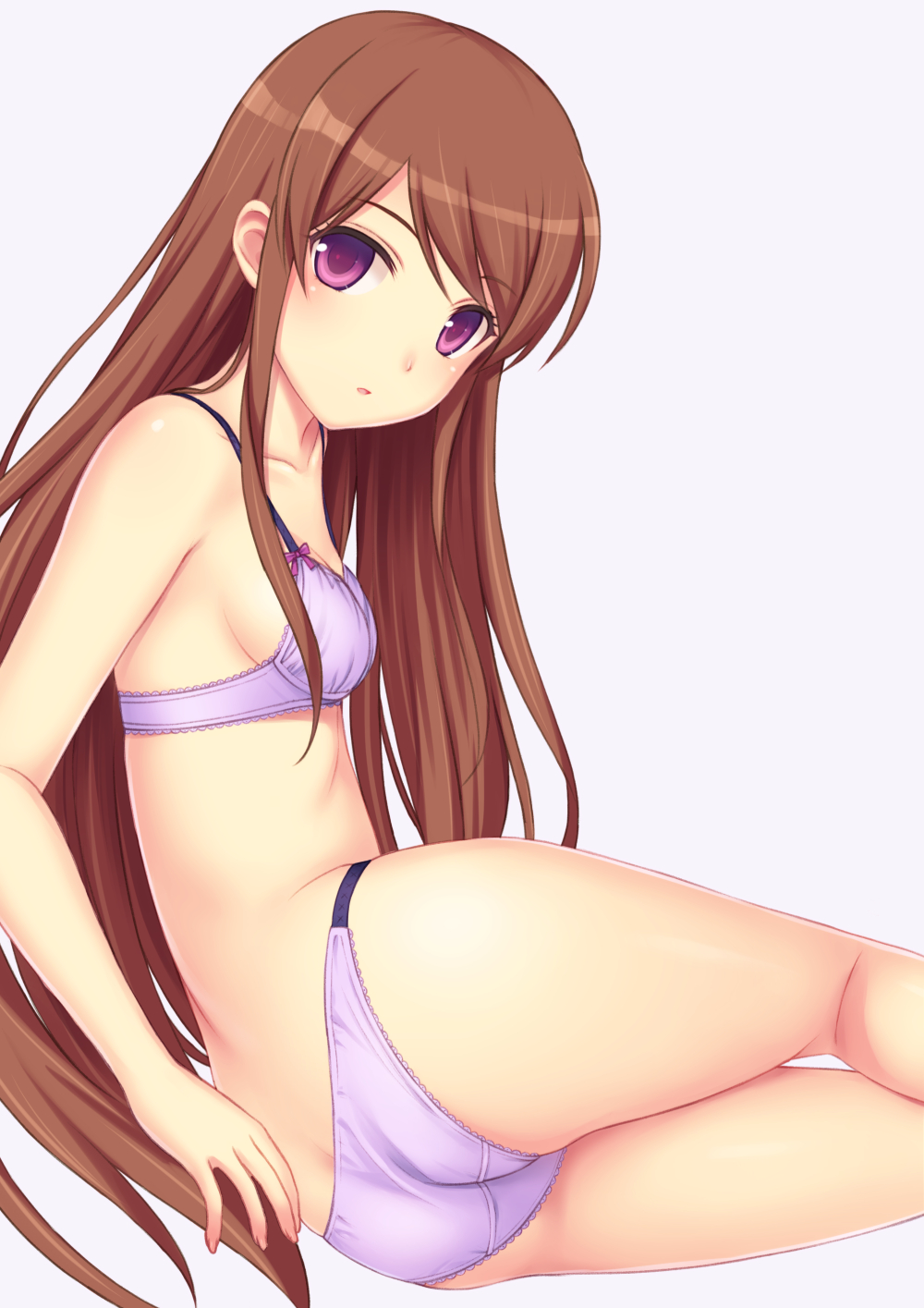 aikatsu! ass bra brown_hair female highres long_hair looking_at_viewer n.g. panties purple_bra purple_eyes purple_panties shibuki_ran sitting solo underwear very_long_hair