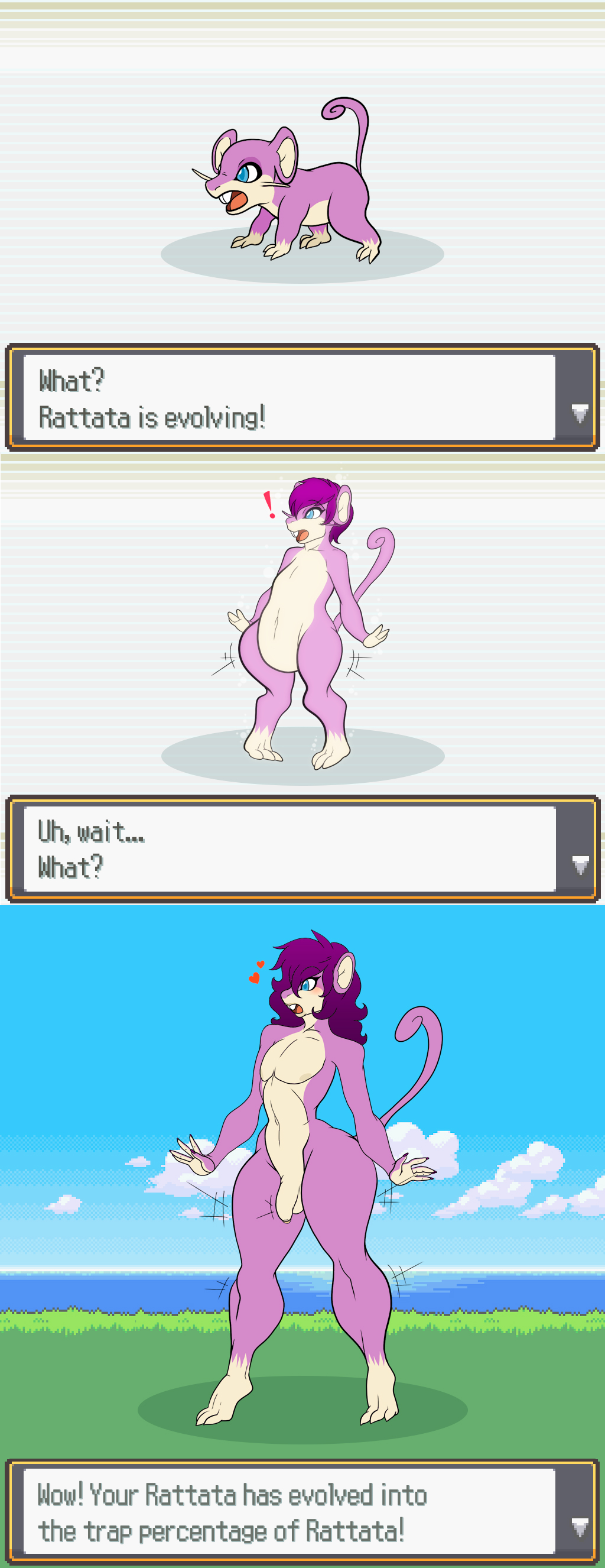 ! 1boy anthro anthrofied blue_eyes blush buckteeth cream_fur d-idara english_text eyelashes feral flaccid fur furry girly hair heart hud humanoid_penis long_hair male male_only mammal multicolored_fur nintendo nude open_mouth penis pink_fur pokemon purple_hair rattata rodent seaside sequence solo surprised teeth testicles text thick_thighs transformation two_tone_fur uncut video_games wide_hips