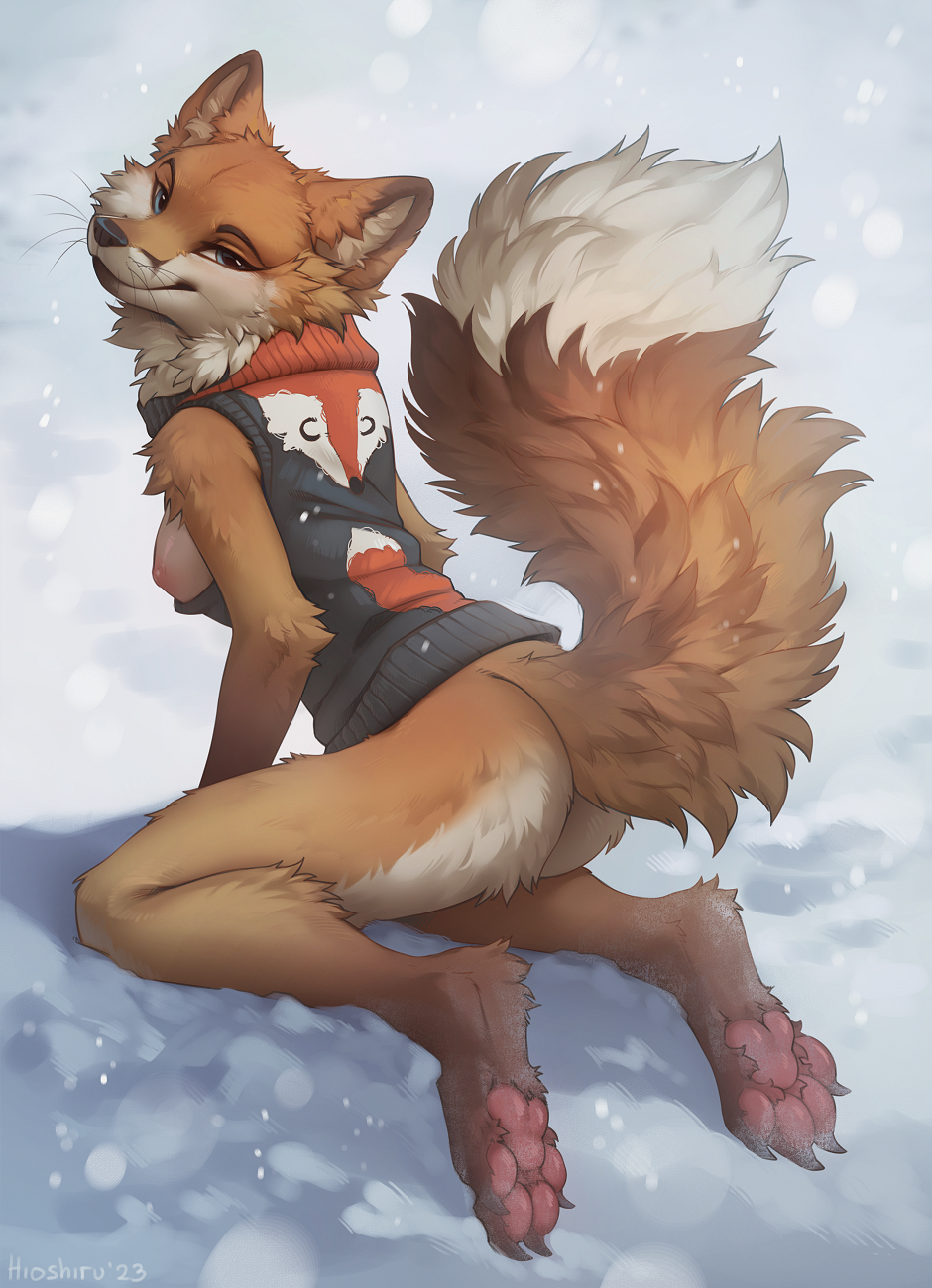 2023 4_toes anthro ass bottomless bottomless_anthro bottomless_female breasts canid canine claws clothed clothing dipstick_tail feet female fluffy fluffy_paws fluffy_tail fox fur hi_res hioshiru kneeling looking_at_viewer looking_back looking_back_at_viewer mammal markings medium_breasts nipples one_breast_out orange_body orange_fur outside pawpads paws smile snow snowing solo sweater sweater_vest tail tail_markings toe_claws toes topwear vest whiskers