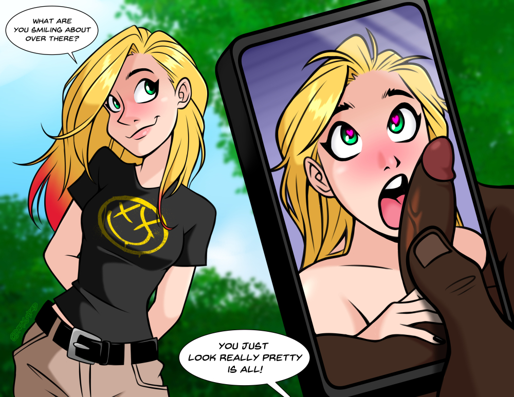 1boy, 1girls, 2025, belt, big penis, blonde hair, blush, bold-n-brash, breasts, cellphone, clothed, clothed female, clothing, couple, cowboy shot, cute, dark skin, dark-skinned male, dialogue, duo, dyed hair, english text, erection, feet out of frame, fellatio, female, front view, fully clothed, genitals, green eyes, hair, hands behind back, heart-shaped pupils, holding penis, human, human only, interracial, juxtaposition, large penis, licking, licking penis, light skin, light-skinned female, long hair, male, male/female, medium breasts, multicolored hair, open mouth, original, original character, partial male, penis, penis grab, penis lick, phone, phone comparison, photo comparison, red hair, sk8r girl (bold-n-brash), smartphone, standing, straight, t-shirt, teeth, text, tongue, tongue out, two-tone hair, unseen male face, wholesome