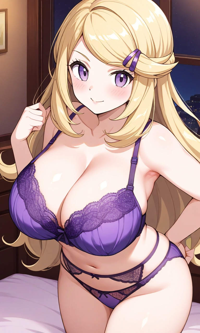 ace_trainer_(pokemon) ace_trainer_(pokemon_xy) ai ai_generated astrid_(pokemon) blonde_female blonde_hair blonde_hair_female bra game_freak hair_clip hair_ornament long_blonde_hair long_hair looking_at_viewer nintendo panties pixai pokemon_xy purple_bra purple_hair purple_panties purple_underwear smile smiling smiling_at_viewer underwear yellow_hair