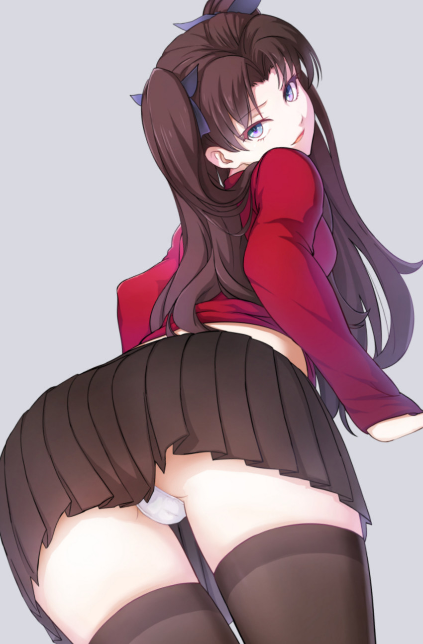 1girls, ass, brown hair, fate (series), fate/stay night, female, female only, long hair, pantyshot, pantyshot (standing), skirt, solo, tied hair, tohsaka rin, twintails