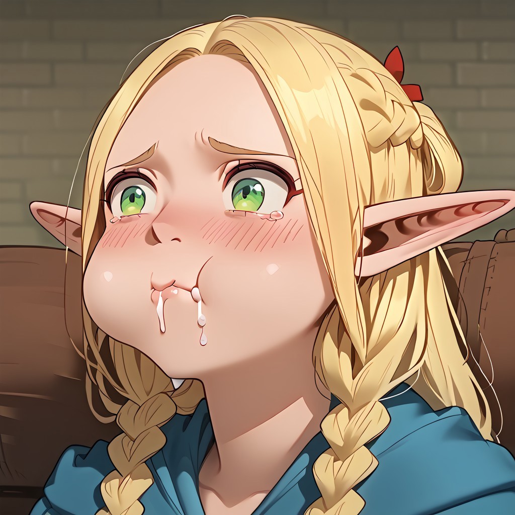 1girls ai_generated blonde_hair blush cum cum_in_mouth delicious_in_dungeon embarrassed gokkun green_eyes long_hair marcille_donato puffed_cheeks tagme tearing_up tears worried worried_expression