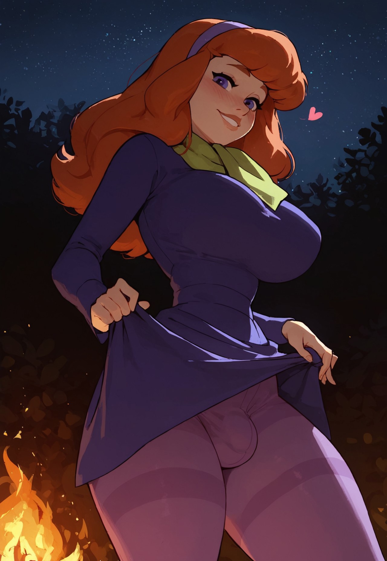 ai generated, bulge, campfire, civitai, daphne blake, fire, futanari, intersex, lifting skirt, outside, scooby-doo, solo, tagme, thick thighs, woods