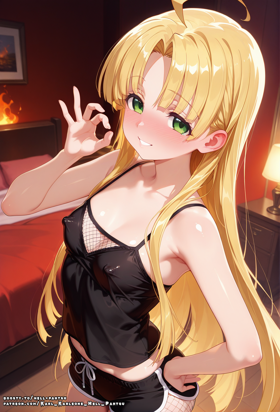 ahoge ai_generated asia_argento blonde_hair female green_eyes hell-pantsu high_school_dxd lips long_hair nipples shorts small_breasts solo t-shirt