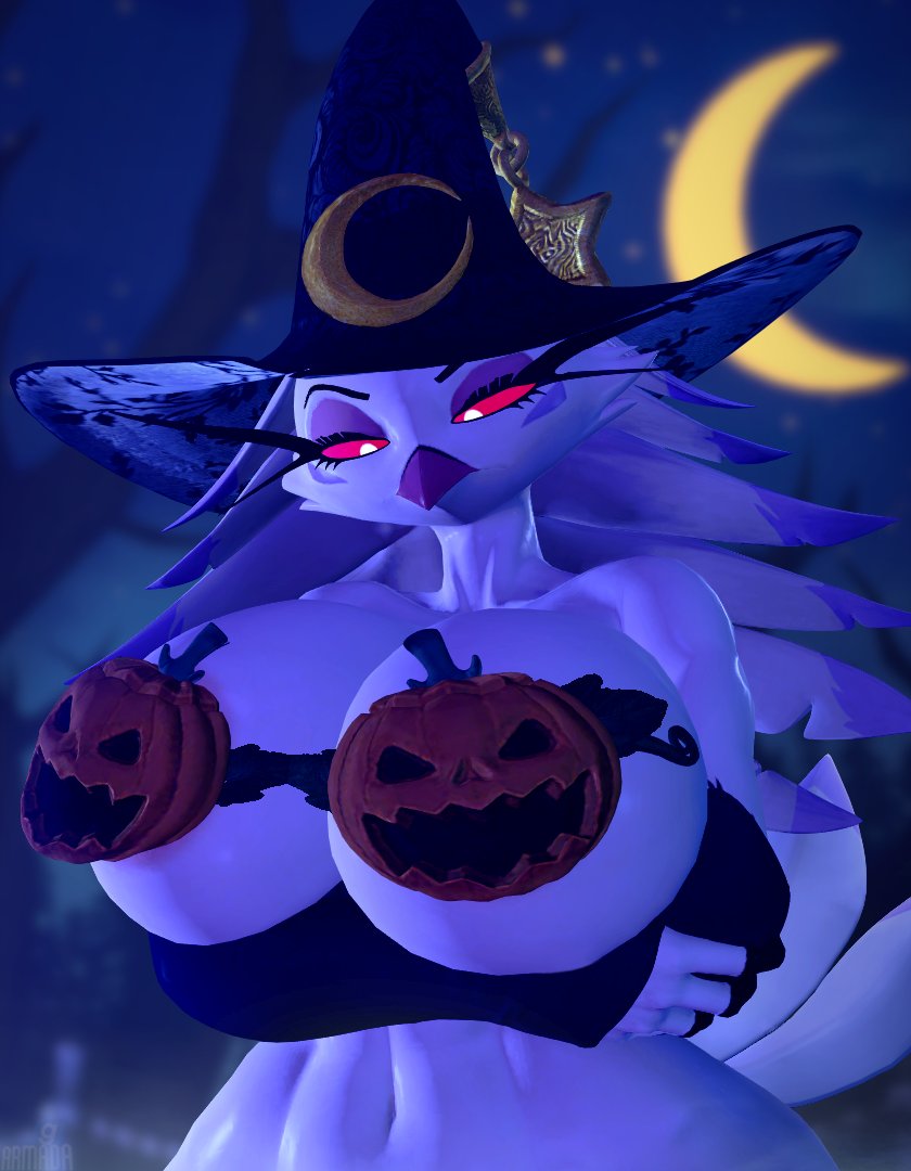 1girls, armada (artist), avian, big breasts, bird, breasts, female, female only, halloween, halloween costume, hellaverse, helluva boss, nipples, pumpkin, stella (helluva boss), stella (valorlynz), tagme