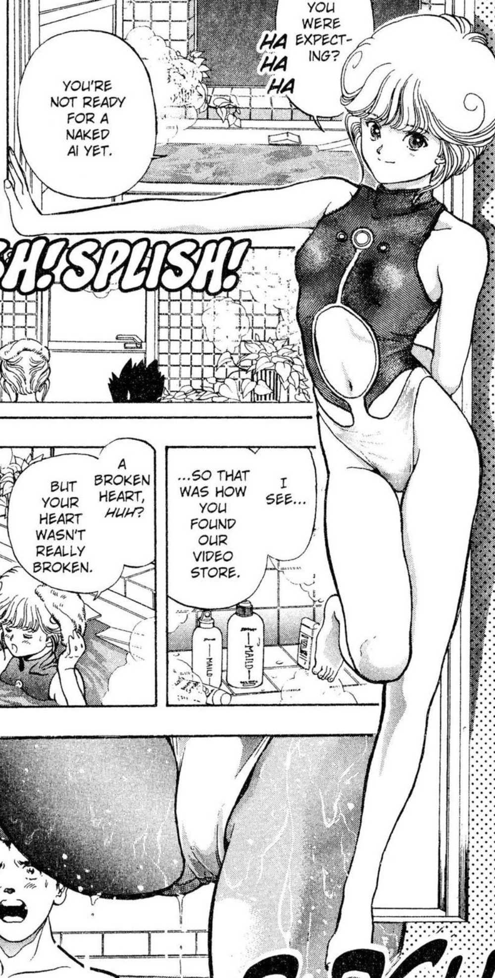 ai_amano amano_ai breasts manga monochrome navel navel_cutout scan small_breasts speech_bubble swimsuit video_girl_ai