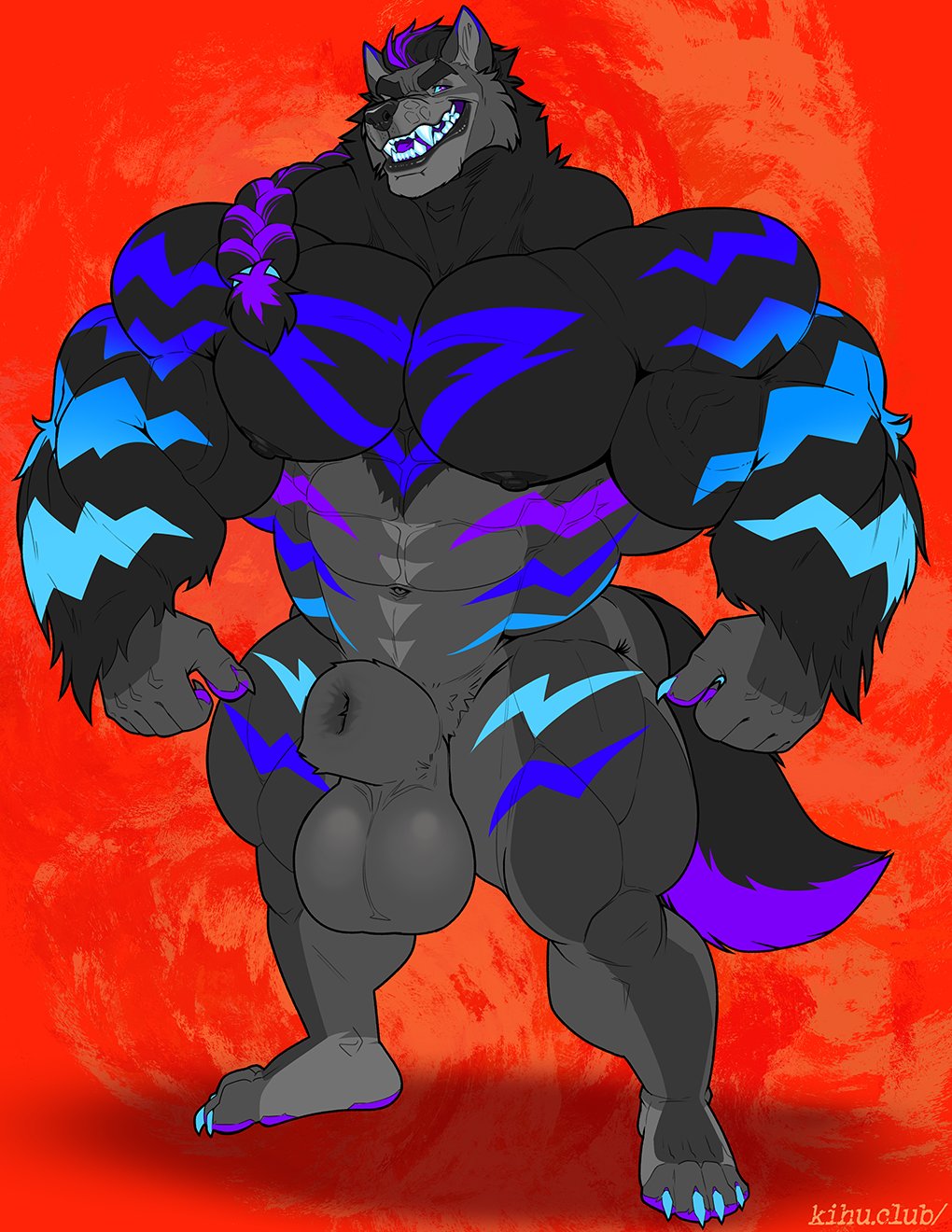 2025 abs abstract_background animal_genitalia anthro areola balls barazoku biceps big_balls big_muscles big_sheath braided_fur canid canine canis claws deltoids eyebrows fully_sheathed fur genitals hi_res huge_arms huge_balls huge_muscles huge_sheath huge_thighs kihu looking_at_viewer male mammal manly markings muscular muscular_anthro muscular_male navel nipples nude obliques orange_background pecs plantigrade quads shadow sheath simple_background smile solo standing teeth thick_arms thick_thighs tuft wolf