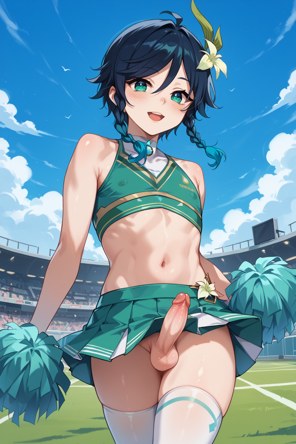 ai_generated cheerleader cheerleader_outfit crossdressing femboy football_field gay genshin_impact male_only medium penis sissy skirt solo venti_(genshin_impact)